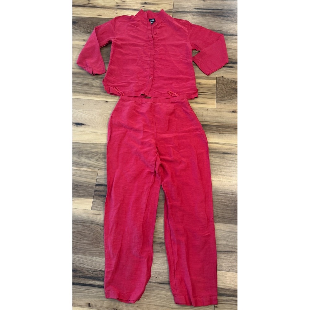 Eileen Fisher XS S Red Silk Linen Two Piece Button Shirt Pants Set Quiet Luxury - Picture 2 of 13